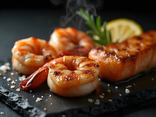 Premium Studio Shot of Perfectly Seared Grilled Seafood Platter – Salmon, Scallops, and Shrimp on Dark Slate