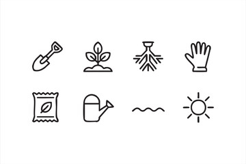 Fototapeta premium Minimal garden growth icons for watering, roots, seed bags, and foliage care