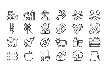 Agriculture icon collection for crops, orchards, animals, and produce crates