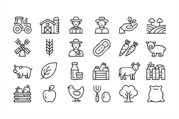 Line icons for farm tools, livestock breeds, harvested vegetables, and food supplies