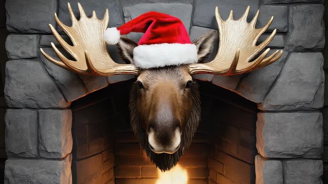 Festive Christmas Moose Head Decoration Above Fireplace with Red Santa Hat, Holiday Spirit, and Cozy Winter Ambiance
