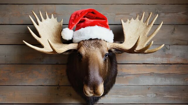 Taxidermied Moose Head Wearing a Red Santa Hat Mounted on a Rustic Wooden Wall for Christmas Holiday Decoration.
