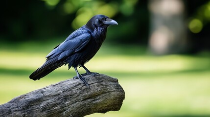 Obraz premium Common raven perched on a log in natural forest habitat, wild bird close-up