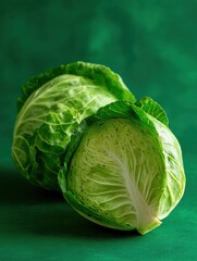 Fototapeta premium fresh young cabbage half a head in bright green background modern hard light dark shadowvegetables for cutting spring salad vegan food diet vitamins no logos no brands ar 34