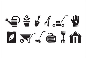 Solid gardening tool icons for lawn mowing, watering, pruning, and soil work