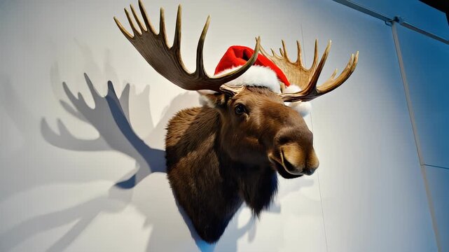 Taxidermied Moose Head Wearing a Red Santa Hat Mounted on a White Wall, Festive Holiday Decoration, Christmas Celebration