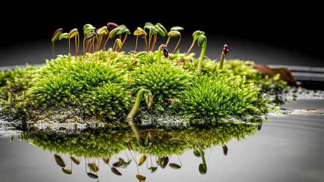 Close Up of Green Moss with Reflections in Water on Dark Background