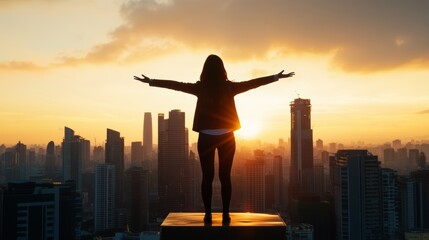 Empowered woman embracing sunset urban skyline inspirational image cityscape silhouette perspective freedom concept