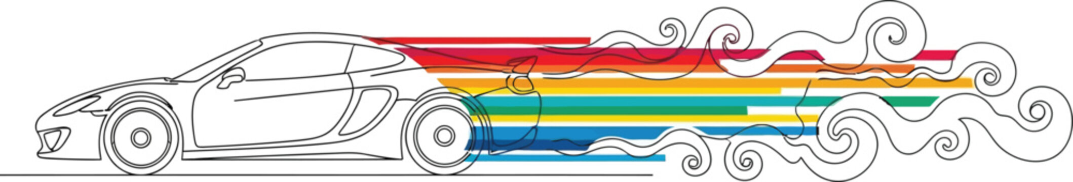 Sleek car outline with vibrant rainbow color trails and swirling aerodynamic effects, symbolizing motion and ecofriendly transport