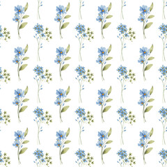 Seamless background, floral pattern with watercolor blue flowers, bouquets. Repeat fabric wallpaper print texture. Perfectly for backdrop, wrapped paper.