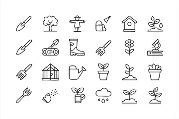 Plant growth icons for trowels, forks, flowers, soil work, and rain elements