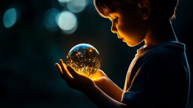 A child's magical discovery of a glowing orb enchanted forest photography nighttime close-up imagination and wonder