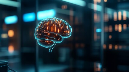 Dynamic brain simulation technology showcase digital lab 3d visualization futuristic environment close-up viewpoint innovation concept