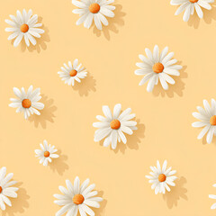 White daisies scattered on pastel yellow background with natural variation in angle and size creating a playful minimal springtime floral composition