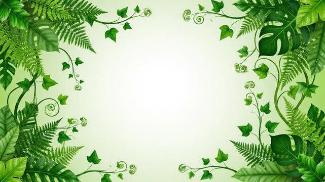 Lush green tropical jungle foliage border frame with copy space on a light green gradient background
