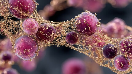 Intricate golden network embracing vibrant purple spheres, a captivating visual for science, technology, or creative concepts