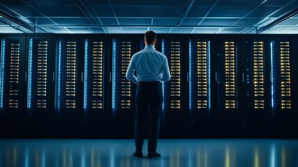 Data center operations it professional analyzing server infrastructure in high-tech environment modern facility strategic perspective