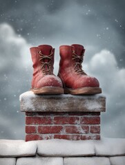 santa claus boots sticking out of a snowcovered chimney on a rooftop under gray winter sky perfect for christmasthemed humor greeting cards and festive visuals
