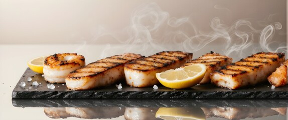 Premium Studio Shot of Perfectly Seared Grilled Seafood Platter – Salmon, Scallops, and Shrimp on Dark Slate