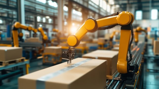 Automation in action robotic arm handling packages in a modern industrial warehouse environment