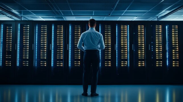 Data center operations it professional analyzing server infrastructure in high-tech environment modern facility strategic perspective