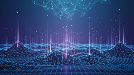 Abstract digital landscape of interconnected data points, representing a futuristic network with glowing lines and a modern technological design.