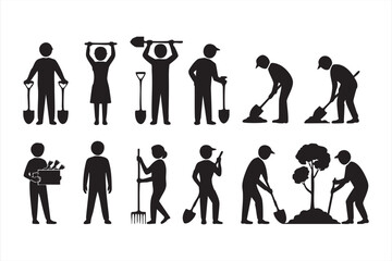 Silhouette gardening workers digging, planting, and handling tools for outdoor tasks
