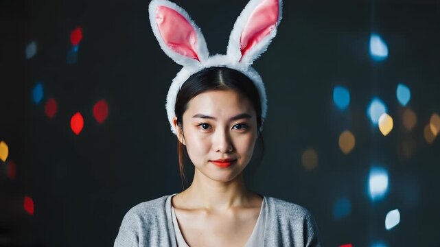 Portrait of a Smiling Asian Woman Wearing Bunny Ears Headband, Festive Holiday Background, Easter Celebration, Fun and Joyful