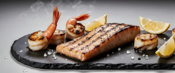 Premium Studio Shot of Perfectly Seared Grilled Seafood Platter – Salmon, Scallops, and Shrimp on Dark Slate