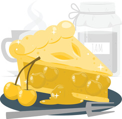 Delicious Cherry Pie Slice with Warm Coffee and Homemade Jam Illustration