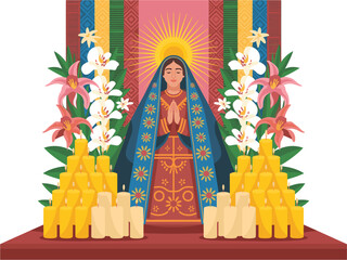 Virgin of Guadalupe Illustration with Flowers and Candles, Dia de Muertos Celebration, Mexican Religious Art, Day of the Dead Iconography and Floral Decor