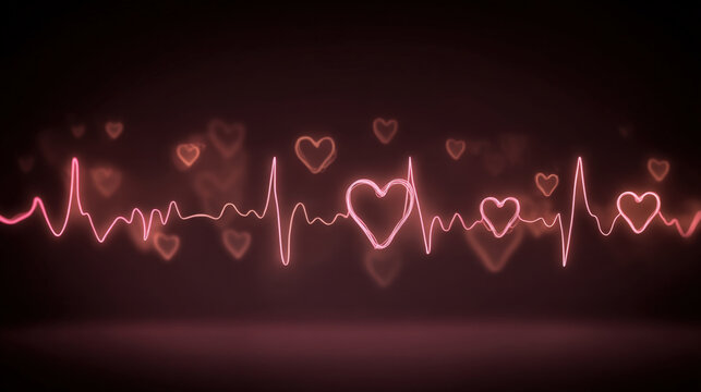 Seamless heartbeat line pattern with stylized hearts on dark berry background