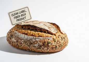 Artisan multigrain bread with clean label sign

Rustic artisan bread loaf topped with seeds and grains, presented with a small sign that reads &ldquo;clean label, fiber-rich product&rdquo;, promoting health-consc