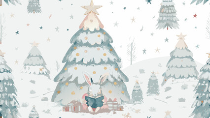 Enchanting winter wonderland with a bunny reading under a Christmas tree, evokes holiday magic and cozy charm