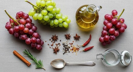 Grapes, spices and ingredients for vinegar or infused oil
Top view of red and green grape clusters arranged with assorted spices, olive oil, rosemary, chili, and an empty glass jar on a linen backgro