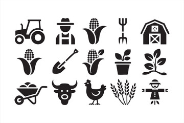 Solid farming icon set for corn, tractors, seedling growth, and rural production