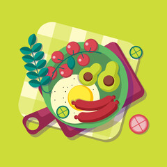 A colorful breakfast illustration showing eggs, sausages, avocado, tomatoes, and greens arranged playfully on a plate over a checkered cloth with bright, cheerful styling.