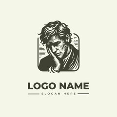 Detailed hand-drawn pensive man engraving vector logo illustration for thoughtful and vintage branding