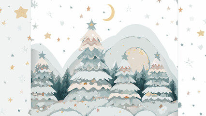 Charming winter wonderland scene with snowy trees, moon, and stars creating a magical holiday atmosphere