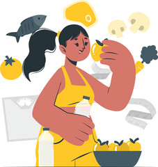 Healthy lifestyle concept: woman with nutritious food, water, weight scale