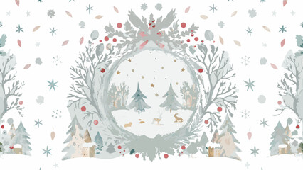 Delightful winter wonderland scene with deer, trees, and snowflakes creating a cheerful seasonal backdrop