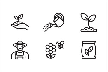 Minimal garden icon set for seedlings, watering, farmers, flowers, and seeds
