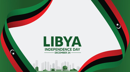 Libya Independence Day December 24 Background with Curved Flag Ribbon and City Silhouette