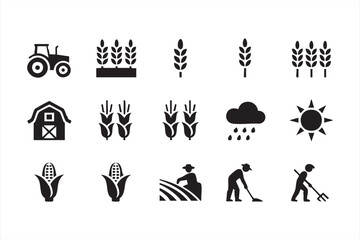 Naklejka premium Solid farm icon set for crop production, weather, tractors, workers, and harvest