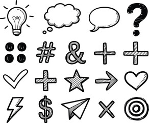 Hand-drawn collection of common doodle symbols and basic graphic icons for communication, ideas, and various digital design elements in a sketch style