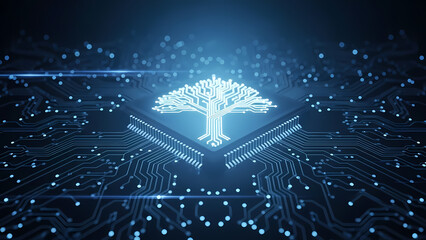A glowing tree design integrated into a circuit board symbolizes technology, innovation, and the fusion of nature and digital realms.
