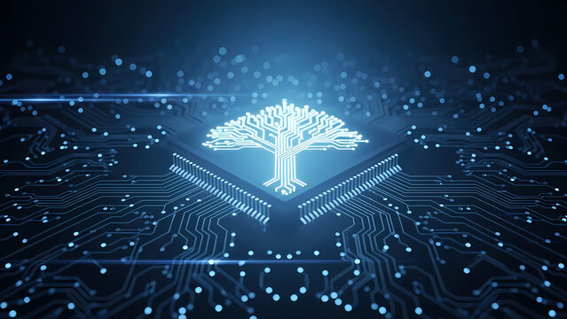 A glowing tree design integrated into a circuit board symbolizes technology, innovation, and the fusion of nature and digital realms.