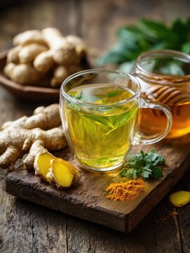 close up of green tea with ginger turmeric and honey on a wooden board no logos no brands ar 34