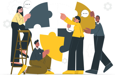 Business team collaborating to assemble a giant jigsaw puzzle, symbolizing synergy and finding solutions