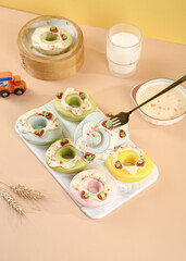 Healthy Fruit Vegetable Doughnuts Nutritious Kids Snack Colorful Food Concept with Milk Glass Toy Truck